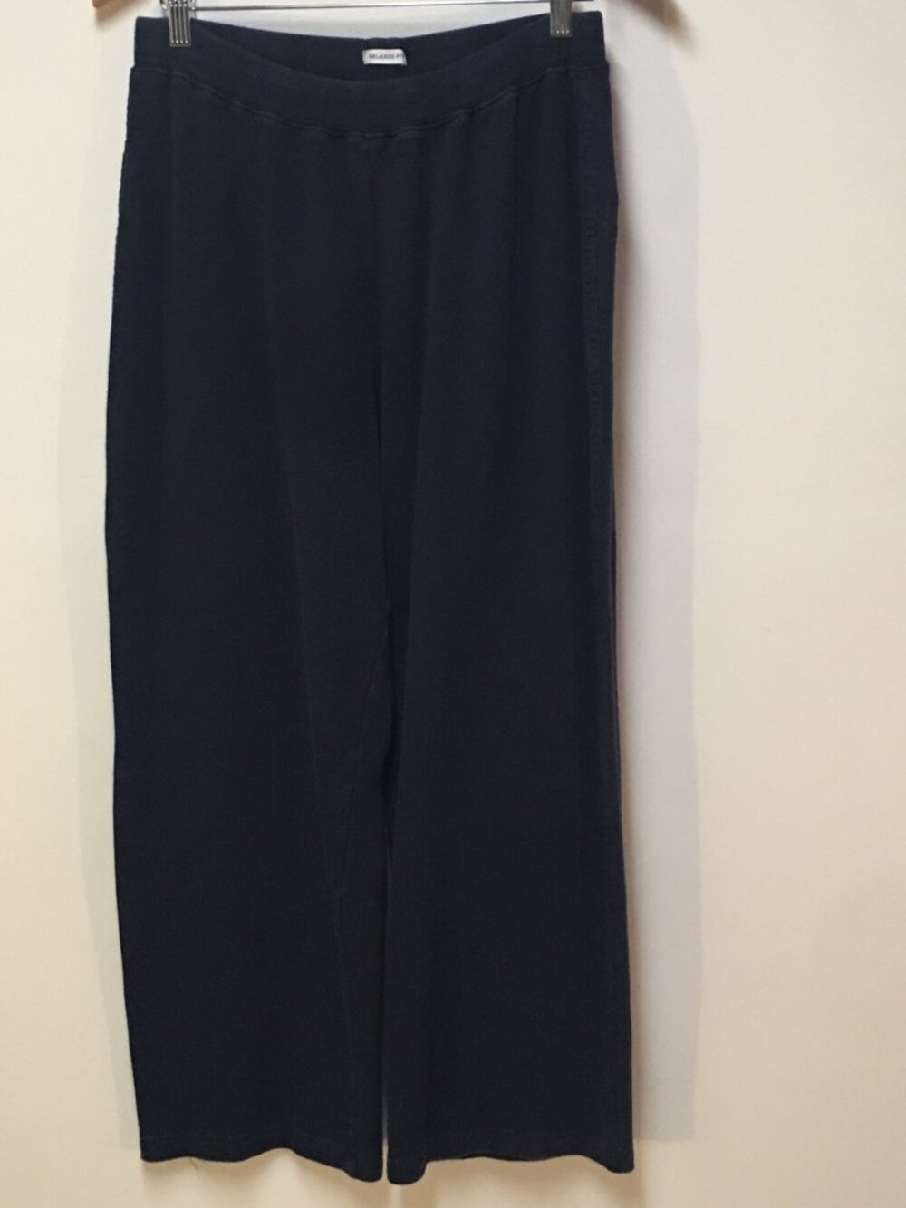 Basic Editions Women L Ribbed Knit Activewear Sweatpants Navy Blue Cotton Relax